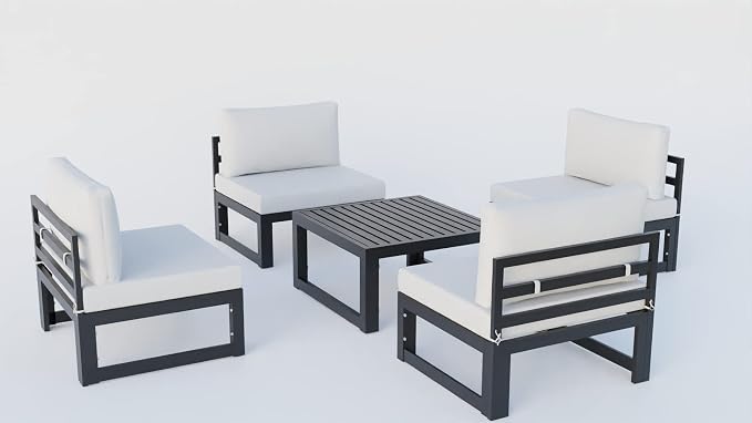 LeisureMod 5-Piece Aluminum Outdoor Patio Furniture Set, Modular Chairs & Coffee Table with Cushions, Rust-Proof Black Frame, Light Grey Weather-Resistant Seating for Balcony or Backyard