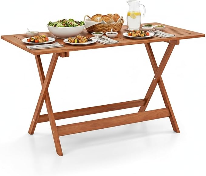 Tangkula 54.5-Inch Patio Dining Table for 6, Solid Wood Outdoor Table with Teak Painting & 2" Umbrella Hole, 6-Person Rectangular Outside Dining Table for Balcony, Deck, Porch, Backyard