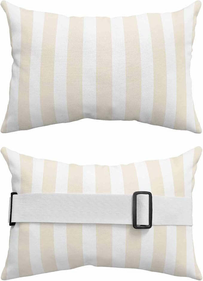 Cream Striped Outdoor Chaise Lounge Head Pillow with Insert,Modern Farmhouse Cream White Stripes Waterproof Headrest Lumbar Pillow Cusion Cover with Elastic Strap for Patio Beach Recliner,11"x16" 2PCS