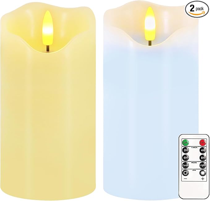 Flameless Candles Light, Set of 2 6"x3" Flickering Pastel Spring LED Candles with Remote & Timer, Dimmable Real Wax Easter Pillar Candles Battery Operated for Home Spring Easter Decor (Blue Yellow)