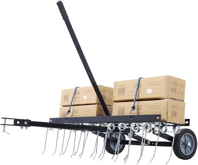 Tow-Behind 40" Lawn Sweeper and Dethatcher, 20 Rust-Proof Tine Landscape Rake, Riding Lawn Mower Attachment for Thatch Removal and Yard Maintenance
