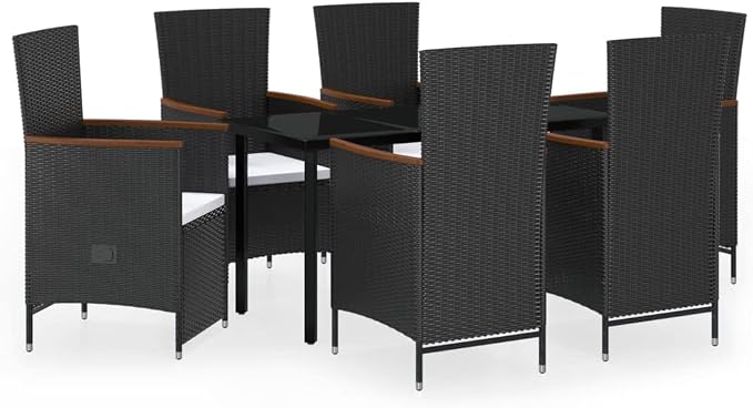 7 Piece Patio Dining Set with Cushions, Black PE Rattan Garden Table and Chairs for Outdoor Dining, Weather-Resistant Stylish Backyard Furniture Combination, 1 Table and 6 Reclining Chairs