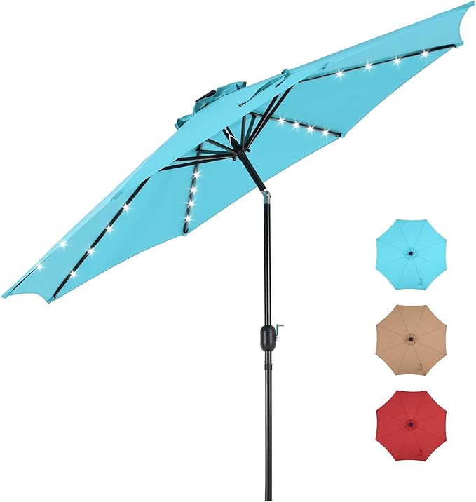 DUMOS LED Outdoor Patio Umbrella 10 FT UV-Resistant Market Umbrella with Tilt Adjustment & Crank Lift, All-Weather Shade for Backyard, Deck, Garden, Beach