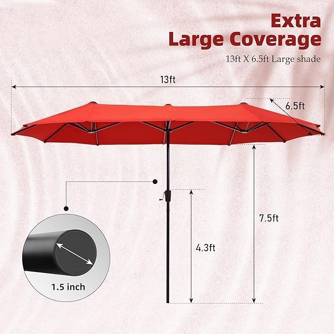 MFSTUDIO 13ft Outdoor Patio Umbrella, Double Sided Large Rectangular Umbrella Market Table Twin Triple Rectangle Umbrellas with Crank Handle for Outside Picnic Backyard Deck Pool (no base)