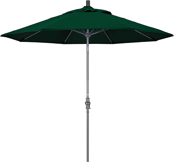 California Umbrella 9' Rd. Crank Lift, Collar Tilt, Aluminum Pole, Fiberglass Rib Patio Umbrella, Hammertone Grey Finish, Sunbrella Forest Green