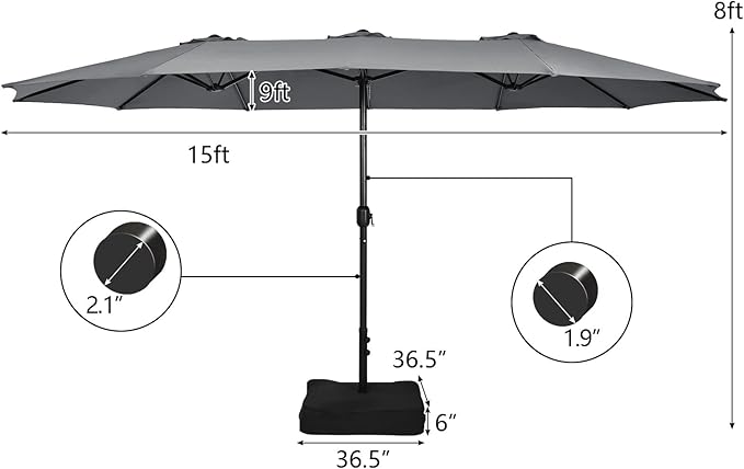 Tangkula 15FT Double-Sided Patio Umbrella with Base, Extra-Large Market Umbrella W/Crank System, Outdoor Twin Umbrella W/ 12-Rib Metal Structure & Air Vents for Garden, Backyard, Poolside (Gray)