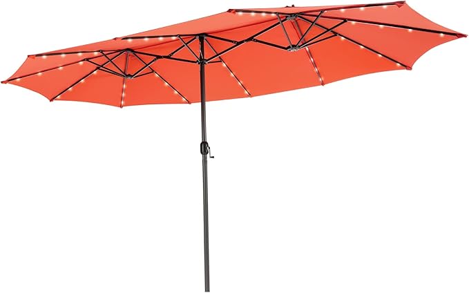 Tangkula 15 Ft Solar Patio Umbrella, Double-Sided Extra Large Outdoor Market Table Umbrella with 48 LED Lights, Crank Handle, 12 Sturdy Ribs for Poolside, Garden & Backyard (Orange)