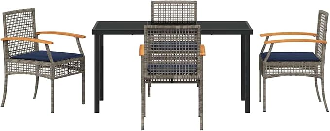 5 Piece Outdoor Garden Dining Set with Rattan Chairs and Black Glass Table, Weather Resistant Patio Furniture for Backyard, Balcony and Terrace, Grey
