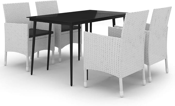 5 Piece Patio Dining Set with Cushions, White Poly Rattan and Black Glass Outdoor Table and Chairs Set for Garden, Backyard, Porch, Weather Resistant, Easy Assembly