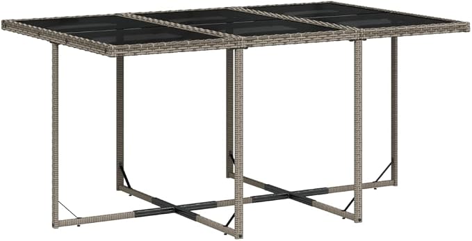 7 Piece Outdoor Patio Dining Set with Cushions Grey Poly Rattan Folding Chairs Tempered Glass Table for Garden Backyard Deck Entertaining 6 Seats