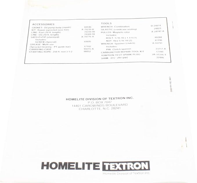 Homelite Parts List UT-10655 and UT-10654 Automatic Oiling Chain Saws Plastic Engine Housing Handheld Equipment Parts