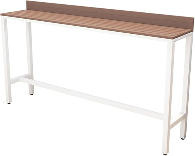Outdoor Bar Table, Patio Pub Height Table with Anti-Fall Baffle, All-Weather Bar Height Counter Table, Narrow Dining Table for Hot Tub, Garden & Backyard(Color:White+Wood,Size:L-70.8in)