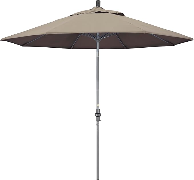 California Umbrella 9' Rd. Crank Lift, Collar Tilt, Aluminum Pole, Fiberglass Rib Patio Umbrella, Hammertone Grey Finish, Sunbrella Taupe