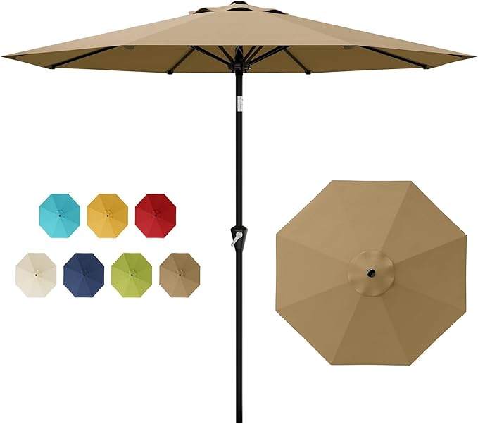 IDEALHOUSE 10FT Outdoor Patio Umbrella, UV Resistant Outdoor Table Parasol, Push Button Tilt & Crank Lift, 8 Fiberglass Ribs, Heavy Duty Canopy, Large Sunshade for Deck Yard Pool Cafe