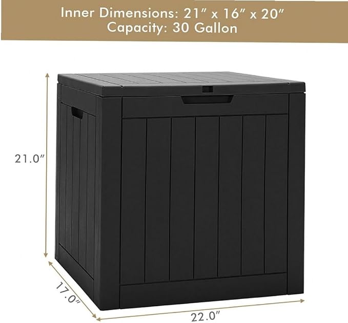 PP Woodgrain Black 30-Gallon Deck Storage Box with Lockable Waterproof Lid & Handles, 22x17x21in for Patio/Outdoor