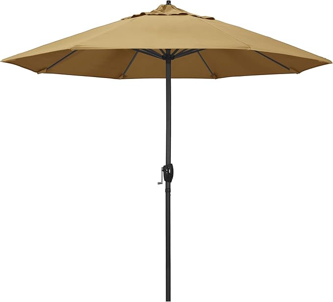California Umbrella 12-Year Protection 9' Rd Aluminum Patio Umbrella, Crank Lift, Auto Tilt, Black Finish, Sunbrella Wheat