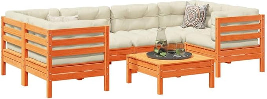 7 Piece Patio Sofa Set with Cushions, Front Porch Furniture Outdoor Sofa Sets Patio Conversation Set Outdoor Dining Sets for Negotiation Area Poolside Garden Piazza Wax Brown Solid Wood Pine