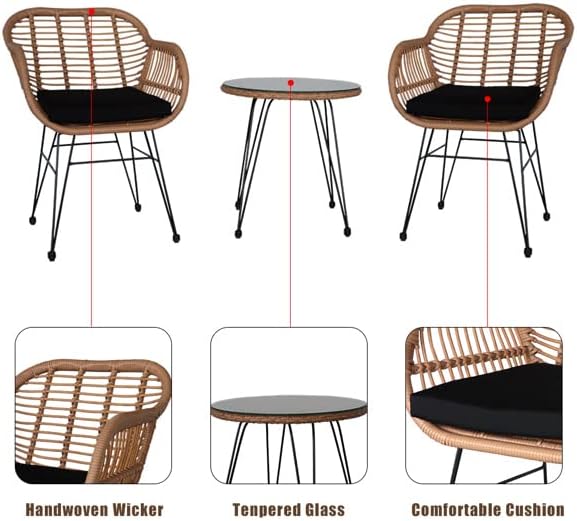 Oshion 3 pcs Wicker Rattan Patio Conversation Set with Tempered Glass Table Flaxen Yellow