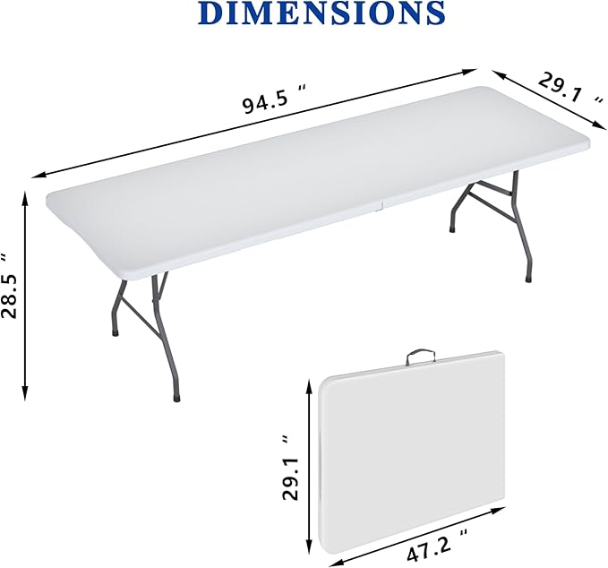 8FT White Folding Table for Outdoor, 8 Foot Picnic Tables No Assembly Required Portable, White Foldable Table for Camping, Parties, Meeting, Events, Wedding, BBQ, with Carrying Handle