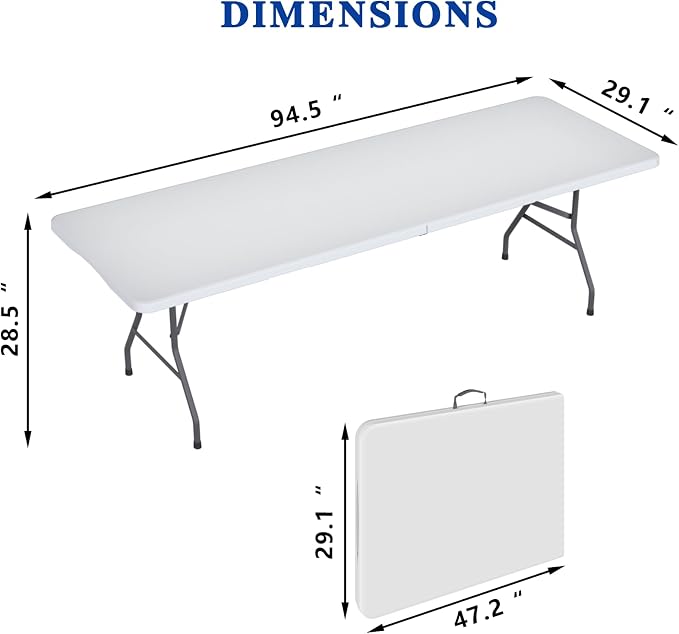 8FT Folding Tables – Heavy Duty Portable Foldable Picnic Table with Built-in Handle, 450 lb Capacity – Ideal for Events, Parties, Crafts, Camping & Dining (10-Pack, White)