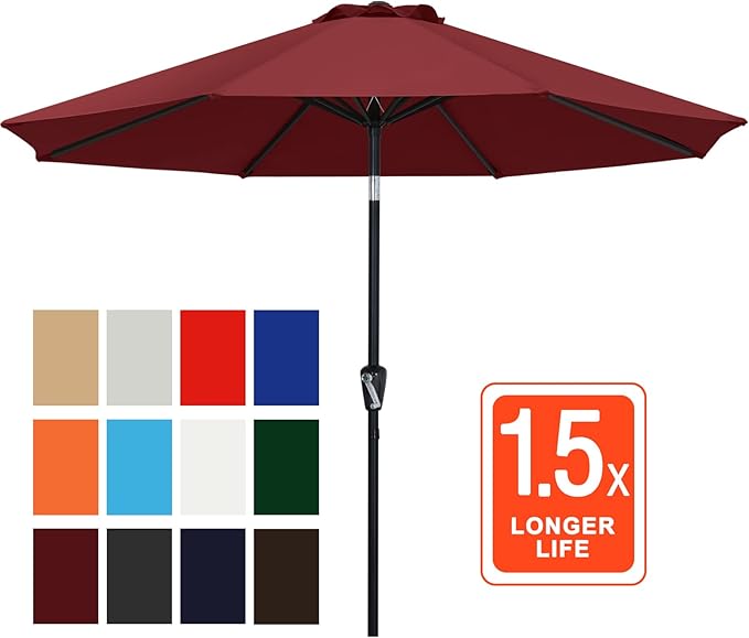 ABCCANOPY 9FT Outdoor Patio Umbrella, 8 Ribs Table Umbrella w/Crank for Easy Set Up, Suitable for Garden, Lawn, Deck & Backyard (Burgundy)