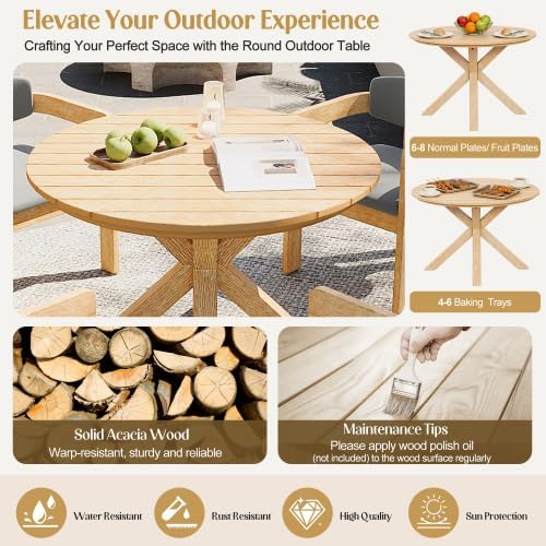 44.5 Inch Round Outdoor Dining Table, Premium Acacia Wood Patio Table, with X-Shaped Base, Slatted Wooden Table, for Garden, Backyard, Balcony and Indoor Use, Acacia Wood Finish
