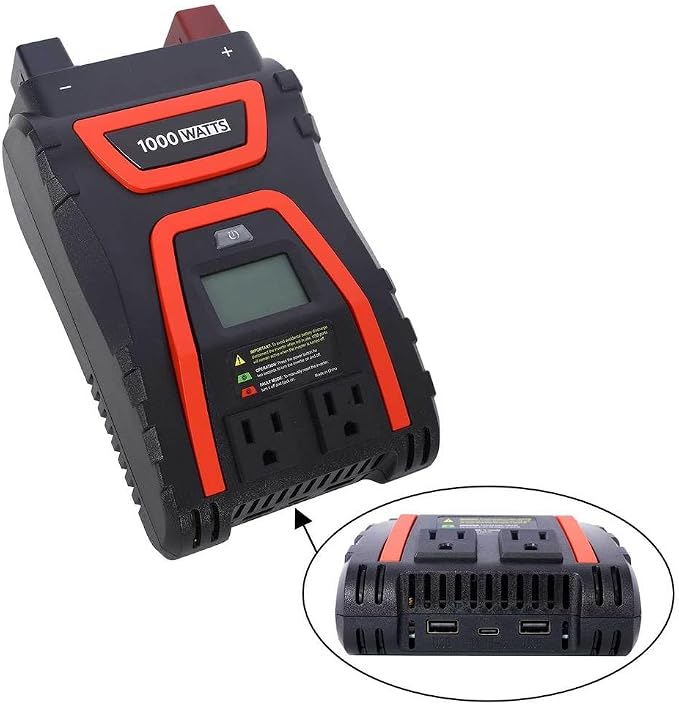 1000W Power Inverter, 12V DC to 115V AC, 2000W Peak, 2 AC Outlets, 2 USB (2.4A) + 1 Type-C (5V/3.1A), LCD Readout, Outside Blade Fuse, ETL Listed, Modified Sine - for Car, Truck, RV, Camping