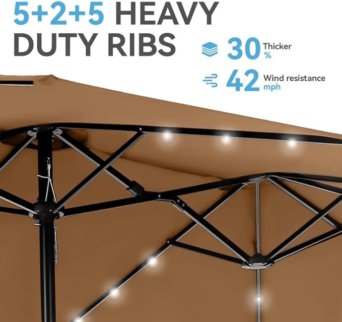 GREEN PARTY 15 ft Large Outdoor Patio Umbrella with Solar Led Lights & Base Included, Double-Sided Rectangular Table Umbrella with Stand, Market Umbrellas for Deck Poolside Garden Backyard, Tawny
