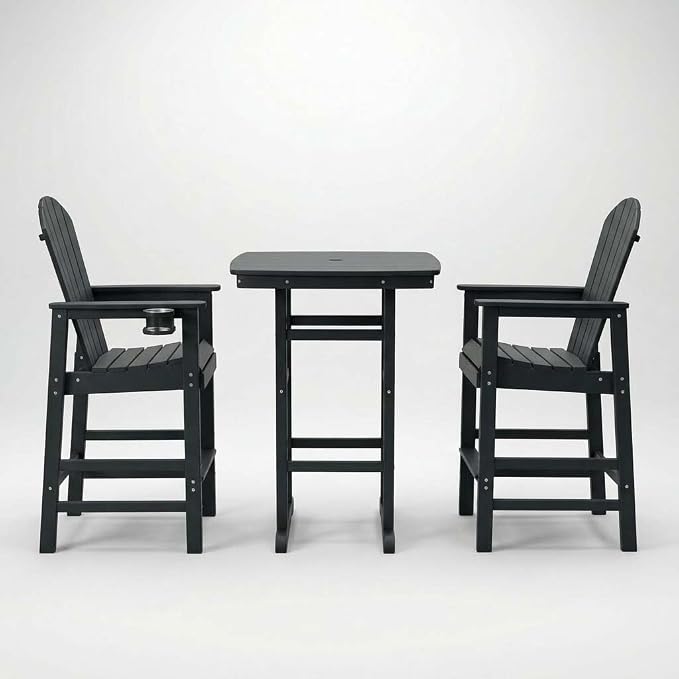 WILLIAMSPACE Height Patio Bar Table Set of 3, Outdoor Square Bar Table with Umbrella Hole, 2 Bar Stools with Cup Holders, 3-Piece All-Weather Outdoor Bistro Set for Kitchen Outside (Black)
