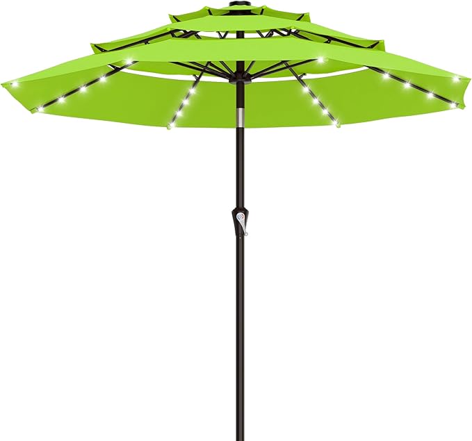 AreShark 9ft 3 Tiers Patio Umbrella with Solar Lights, Outdoor Umbrella w/ 32 LED Lights&8 Sturdy Ribs, Table Umbrella for Deck, Backyard, Pool (Apple Green)