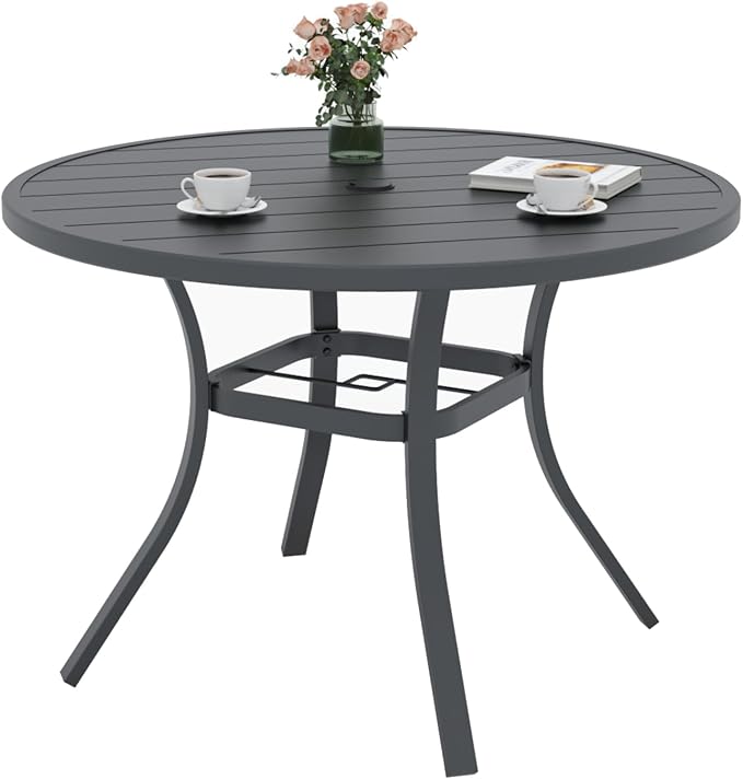 5 Piece Outdoor Patio 41" Round Metal Table and Grey Stackable Chairs Set | 4 Piece Stackable Chairs Textilene Seat and Back, Table and Chair with Metal Frame, Round Slat Table Top, 1.9" Umbrella Hole
