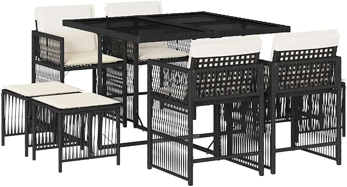 9-Piece Patio Dining Set with Glass Table, Black and Cream White Poly Rattan, Foldable and Stackable Chairs for Garden Backyard