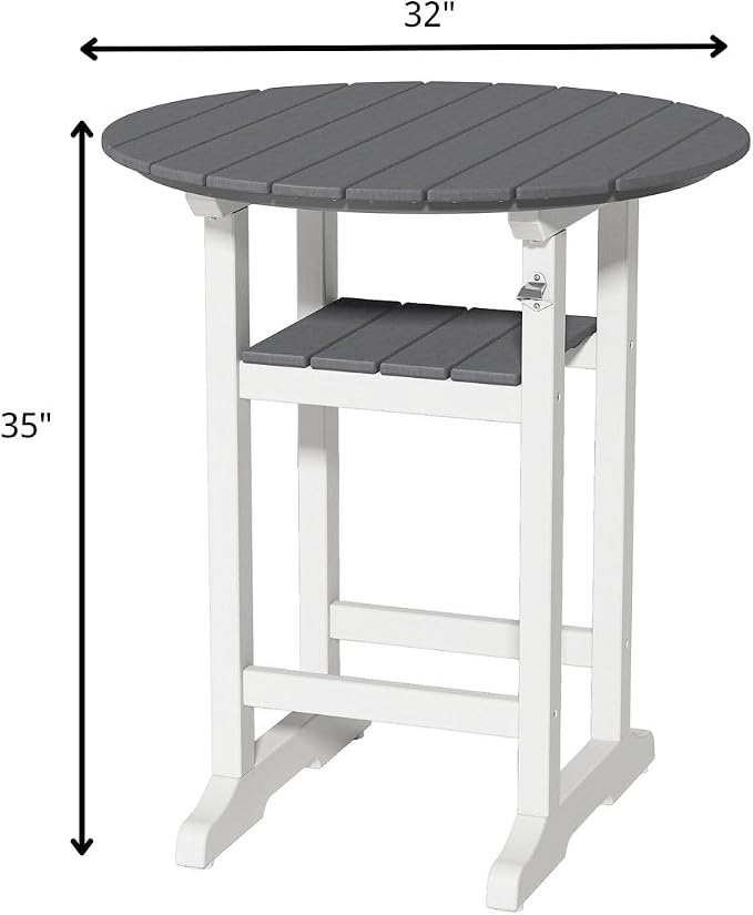 OTSUN Outdoor Bar Table, 32“ Diameter Round Side Table, All Weather Counter Height Table with Built-in Footrest for Backyard, Garden, Indoor Outdoor Companion (White&Grey)