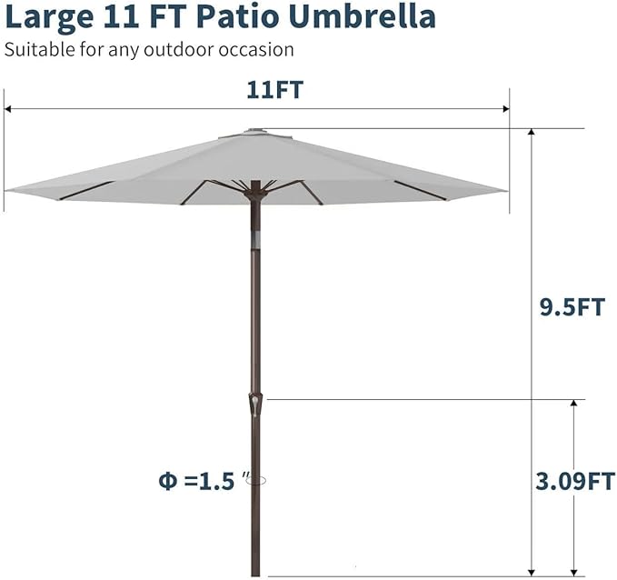PatioKingdom 11FT Patio Umbrella,Outdoor Umbrella with Push Button Tilt and Crank,Market Table Umbrella with 8 Sturdy Fiberglass Ribs UV Protection