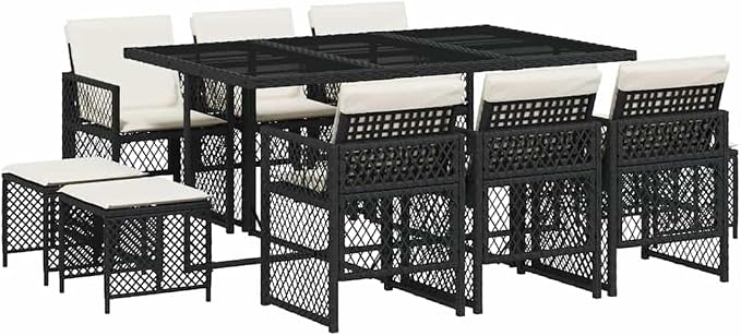11 Piece Garden Dining Set Black and Cream White for 10 People, Outdoor Patio Furniture with UV-Resistant Poly Rattan, Tempered Glass Table, Cushions with Removable Foldable Stackable Modern Design