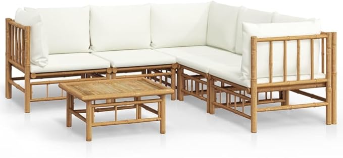 6 Piece Patio Lounge Set with Cream White Cushions, Patio Conversation Set Front Porch Furniture Sectional Sofa Outdoor Dining Sets for Exhibition Piazza Garden Poolside Bamboo