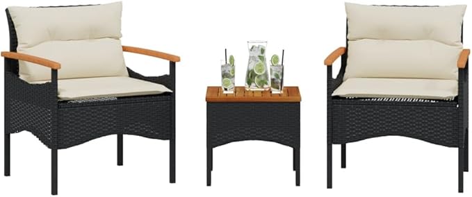 3 Piece Patio Sofa Set with Cushions, Outdoor Sofa Sets Patio Conversation Set Porch Furniture Set Front Porch Furniture for Garden Poolside Exhibition Piazza Black Poly Rattan
