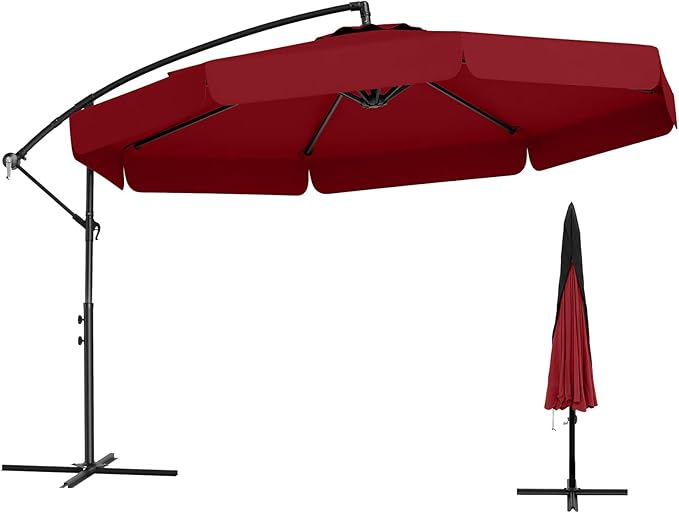 Tangkula 10FT Offset Hanging Umbrella with Cover, Patio Cantilever Umbrella w/ Easy Tilt Adjustment, Crank, Ruffled Edge, 8 Ribs, Sun-Protective Canopy, Heavy-Duty Outdoor Parasol for Pool Garden Deck (Red)