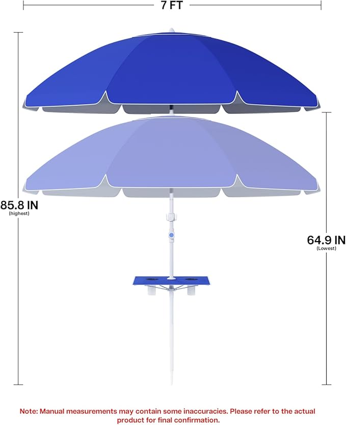 paramondo 7ft Beach Umbrella with Sand Anchor Air Vent Push Button Tilt and Crank, Portable Sunshade Outdoor Patio Umbrella with 8 Sturdy Ribs for Garden, Deck, Backyard, Pool and Beach