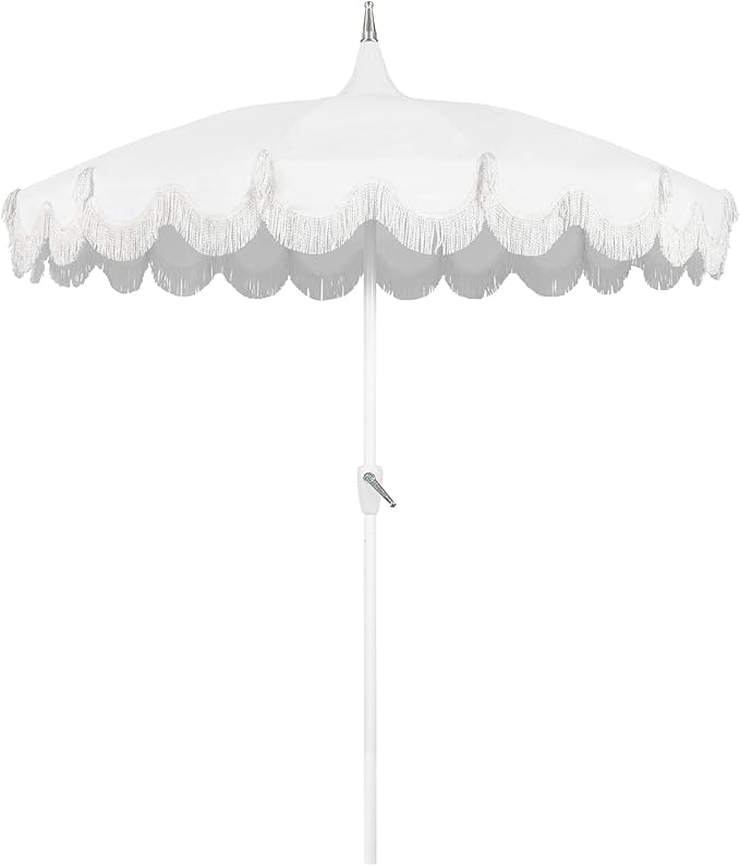 7.5ft Pagoda Patio Umbrella with Fringe, UPF50+ Tassel Umbrella with Crank & Fiberglass Ribs, Holiday Outdoor Umbrella for Garden Pool Lawn Yard Table