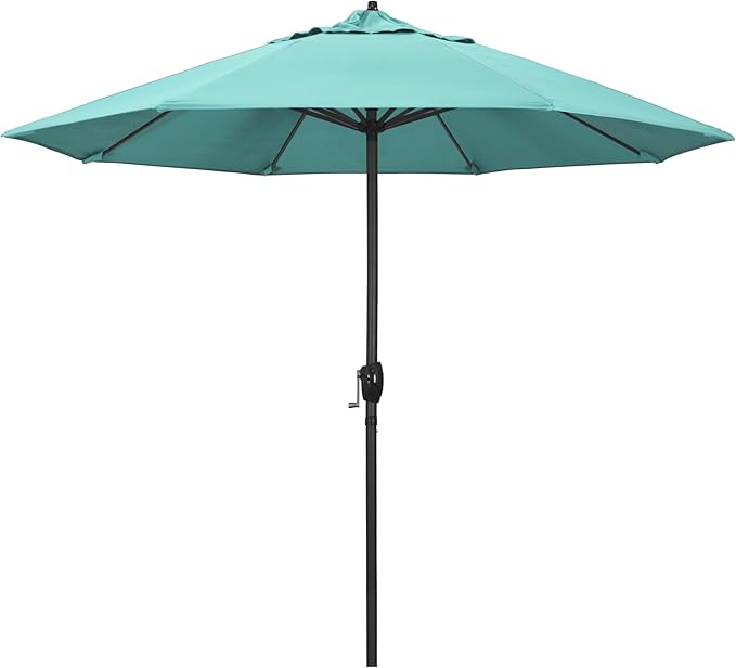 California Umbrella 12-Year Protection 9' Rd Aluminum Patio Umbrella, Crank Lift, Auto Tilt, Black Finish, Sunbrella Aruba