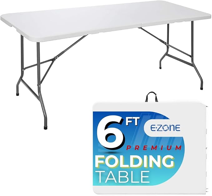EZONE 6ft Indoor Outdoor Heavy Duty Portable Folding Plastic Dining Table w/Handle, Lock for Picnic, Party, Camping - White (6 Ft)