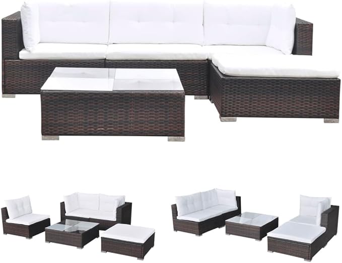 5 Piece Patio Lounge Set with Cushions, Outdoor Sofa Sets Outdoor Dining Sets Patio Conversation Set Porch Furniture Set for Poolside Exhibition Negotiation Area Piazza Poly Rattan Brown