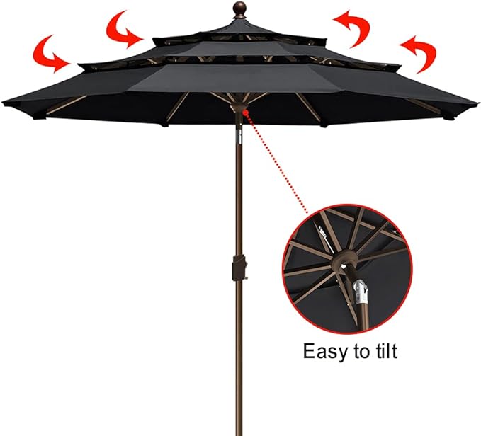 EliteShade USA 10-Year-Non-Fading 9ft 3-Tier Market Patio Umbrella, Commercial Grade Outdoor Table Umbrella with Crank Open, Windproof & UPF 50+ UV Protection, Heavy Duty Ventilation for Garden, Deck, Pool, Backyard, Beach & Bistro, Black