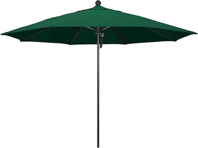 California Umbrella 11Ft Commercial Grade Sunbrella Fabric Market Umbrella, Pulley Lift, Aluminum/Fiberglass, 2mm pole wall, Bronze Frame, Forest Green Fabric