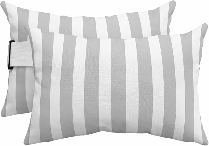 Grey Striped Outdoor Chaise Lounge Head Pillow with Insert, Modern Farmhouse Gray White Stripes Waterproof Headrest Lumbar Pillow Cusion Cover with Elastic Strap for Patio Beach Recliner, 11"x16" 2PCS