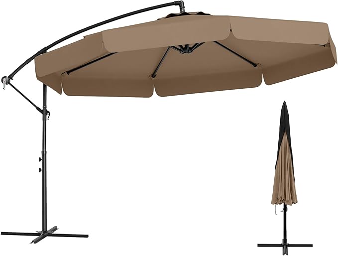 Tangkula 10FT Offset Hanging Umbrella with Cover, Patio Cantilever Umbrella w/ Easy Tilt Adjustment, Crank, Ruffled Edge, 8 Ribs, Sun-Protective Canopy, Heavy-Duty Outdoor Parasol for Pool Garden Deck (Tan)