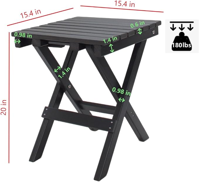 Outdoor Side Table Patio HDPE Small Outside Plastic Folding End Tables for Porch, Patio, Adirondack, Pool, Indoor, Deck, Balcony, Coffee, Black