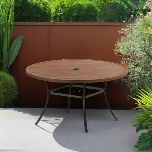 VICLLAX 53" Round Patio Table, Outdoor Dining Table for 8 with Umbrella Hole for Garden Lawn Deck Backyard, Walnut