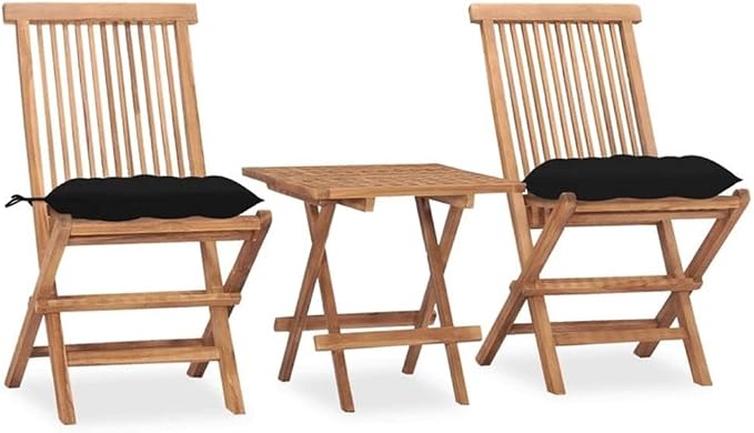 BOWERY HILL 3-Piece Folding Patio Dining Set, Solid Teak Wood, Brown Finish, Compact Table and 2 Chairs with Weather-Resistant Cushions, Modern Design for Outdoor Terrace, Balcony, or Garden Dining